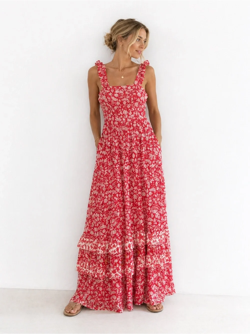 Red White Floral Ruffle Tiered Maxi Dress Ruffle Cottagecore Boho Effortless - Picture 1 of 6